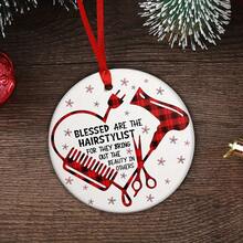 1 Piece Acrylic Hair Stylist Christmas Ornament - "Hair Stylist " Red Plaid Heart Design With Comb, Scissors, And Hair Dryer - Hair Stylist Holiday Tree Hanging Decoration, No Electricity Required