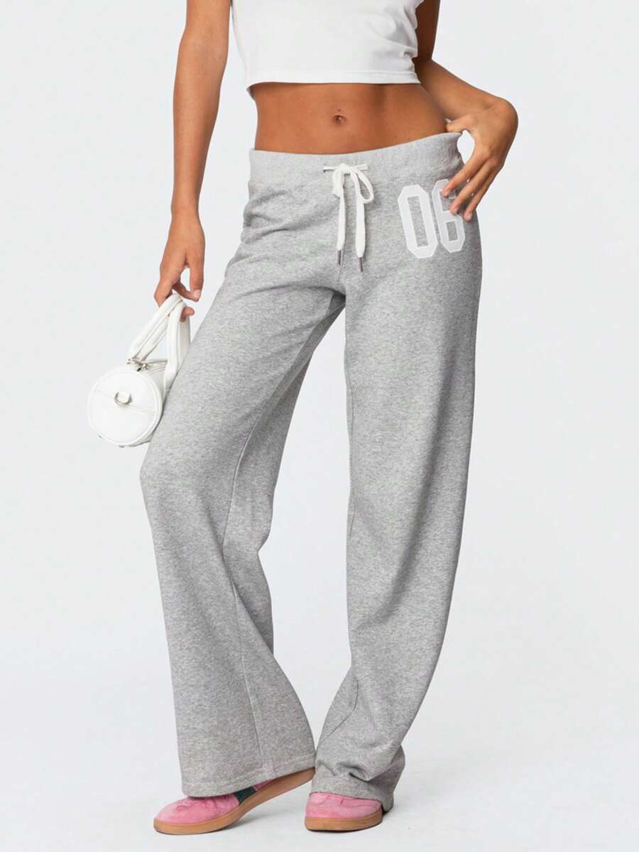 Women Y2K Number Printed Sweatpants Drawstring Elastic High Waist Straight Leg Baggy Pants Loose Workout Joggers Casul Trousers - 灰色 - 查看 1