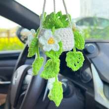 Accesorios colgantes para espejo de coche con estilo bohemio lindo, adorno de ganchillo de plantas artificiales, cesta colgante de plantas para espejo retrovisor, amuleto interior de coche, regalos de Navidad lindos para hombres y mujeres