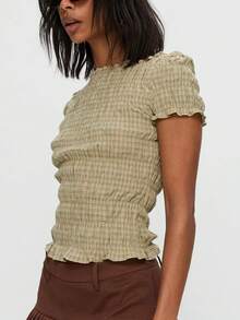 Women Y2k Smocked Crop Tops Slim Fit Solid Color/Plaid Frill Trim Ruched Ruffle Hem Short Sleeve Tops Round Neck Shirts Summer Going Out Tops Daily Casual Streetwear - Vàng nhạt - Xem 5