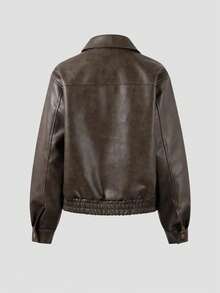 Chic Halloween Vintage Faux Leather Jacket Women Brown Cropped Collar Retro Fall Daily Outerwear - Brown - View 9