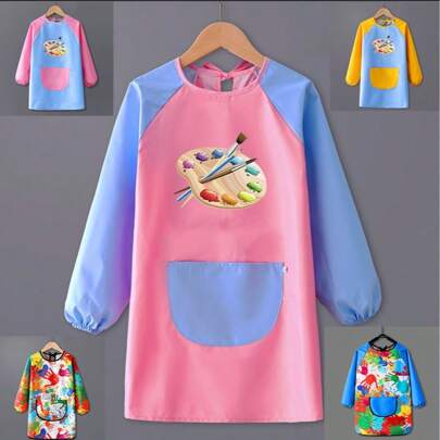 1pc Kids Waterproof Long Sleeve Art Apron, Suitable For Children Height (75-105cm/41.35inch), With Pocket, For Painting, Cooking And Dining, Artist Painting Apron, Christmas Gift