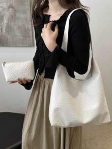 2025时尚纯色通勤编织托特包简约小众设计腋下包大容量母子两件套单肩包