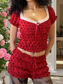 Women's Summer Pajamas Set Solid/Dot Print Lace Trim Smocked Short Sleeve Tops And Shorts Lounge Wear 2 Pcs Set - Red (polka Dots) - View 3