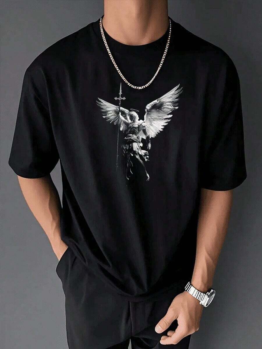 God'S Angel Michael Archangel With Spear Cross And Wings Men'S T-Shirt  Crew Neck Casual Tee Summer Short-Sleeve Topgraphic Tees Men Shirts Streetwear White Shirt Black Shirt - 黑色 - 查看 1