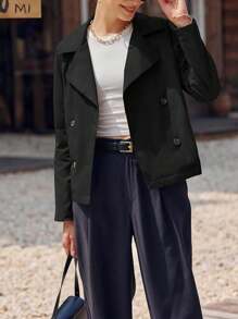 1pc Women's Solid Color Woven Fabric Front Button Regular Jacket, Suitable For Everyday Wear In Autumn - Black - View 4