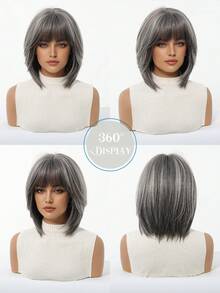 Elegant Mixed Gray Bob Wig With Bangs For Mature Women Natural Synthetic Wig For Gray Use Every Day Wear - Xám - Xem 7
