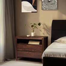 Drawer Cabinet, Side Table, Bedside Table, Storage Table, Brown P2 Density Board + Solid Wood Veneer Frame 75*40*61CM Two Drawers With Upper Compartment Bedside Table Mid-Century Modern - 棕色 - 查看 8