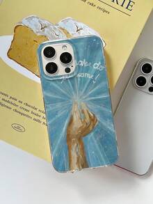1pc Blue Radiating Light Oil Painting Hand Gesture Phone Case, Artistic English Handwritten Font Creative Illustration Full Coverage Protective Shell Compatible With IPhone17/17Pro/17ProMax/16/16Plus/16ProMax/16e/15ProMax/11/12/12Pro/12ProMax/13/13Pro/13ProMax/14/14Pro/14ProMax - Transparent Fireworks - View 1