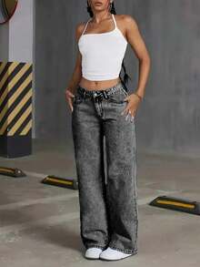 Teen Girl Casual Front Button Pocket Straight Leg Jeans, Daily Wear - Black - View 5