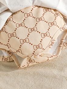 Baby Girls' Ribbed Ruffle Hem Bow Decor Bodysuit, Cute Infant Bodysuit With Socks And Headband Set - Apricot - View 9