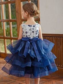 Young Girl Navy Blue 3D Bow Sleeveless Tulle Elegant Party Dress, Princess Dress, Suitable For Girls Birthday Party, Banquet, Prom, Wedding, Flower Girl Dress, Ramadan Holiday Outfit - Navy Blue - View 2