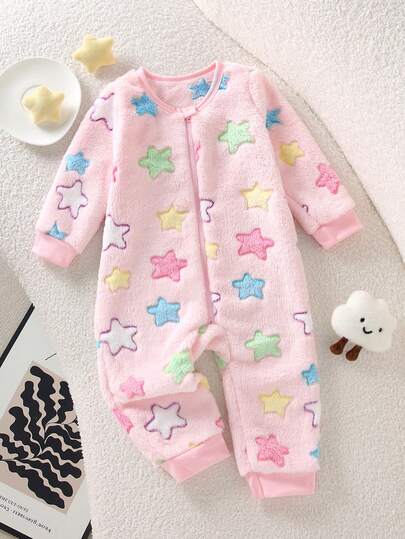 Autumn/Winter Essential! Newborn Baby Girls' Cute Colorful Star Pattern Flannel Romper, Soft & Comfortable Infant Jumpsuit Bodysuit, Suitable For Home & Outdoor