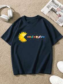 Boys & Teenagers' Casual Crew Neck Short Sleeve T-Shirt With Funny Cosmic Planet Pattern, Versatile For Daily, Street, Outdoor, School Commute