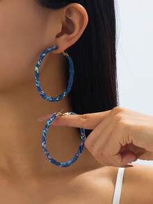 1 Pair Retro Fashion Exaggerated Denim Print Hoop Earrings For Women, Minimalist Wrapped Round Earrings - square queen - View 26