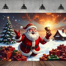 Eine Weihnachts-Kulisse mit dem Weihnachtsmann, Geschenken und verschneiten Szenen, perfekt für festliche Fotografie. Ideal für Partydekorationen, Familienfotos und Winterwunderland-Themen. Sowohl für den Innen- als auch Außenbereich geeignet. Leuchtende Farben für Weihnachtsdekorationen.