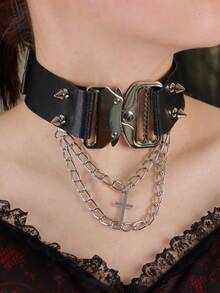 1 Bộ dây đeo 3 trong 1 phong cách Gothic tối màu: Vòng cổ choker bằng da PU có thể điều chỉnh, dây đeo tay và dây đeo bốt với khóa kim loại và dây xích hình chữ thập | Phụ kiện cần thiết cho chụp ảnh dự tiệc - màu đen - Xem 4