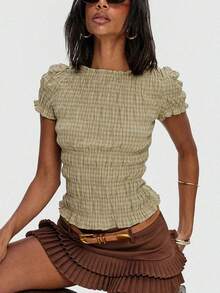Women Y2k Smocked Crop Tops Slim Fit Solid Color/Plaid Frill Trim Ruched Ruffle Hem Short Sleeve Tops Round Neck Shirts Summer Going Out Tops Daily Casual Streetwear - Vàng nhạt - Xem 3