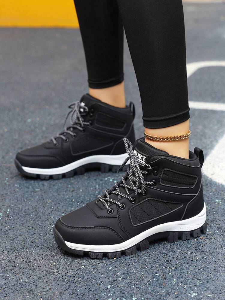 STARNOVO [Tamanho Pequeno, Meio Número Abaixo] Tênis Esportivos de Alta Cano Alto para Primavera 2025, Sapatos de Caminhada e Trekking de Couro para Mulheres, Tênis Esportivos Resistentes e Antiderrapantes para Uso Externo, Botas de Caminhada de Alta Cano Alto Fashionáveis para Mulheres - Preto - Visão 3