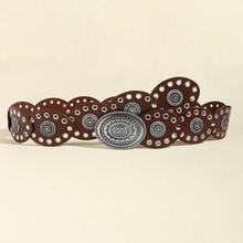 1 Piece Women's Belt Metal Snap Decoration Dress Fashion Retro Wasteland Style Waist Seal Eyelet Oval Piece Carving - 古銀豹紋 - 查看 6
