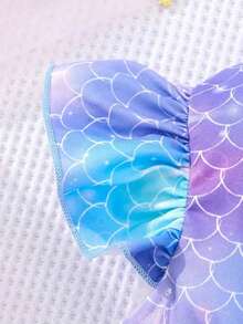 迷人年轻女孩夏装 - 紫色飘袖，美人鱼鳞片印花和亮片细节，涤纶网眼裙，及膝，可机洗，美人鱼裙