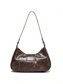 1 件 PU 皮革女士手提包，百搭复古小包，时尚新月包，Y2K 宝贝包，单肩腋下包，新月包，勃艮第色女包，酒红色手提包 - 棕色 - 查看 3