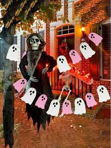 Spooky Pink & White Felt Garland White Pink Ghost Garland Felt Ghost Banner For Haunted House Fireplace Indoor Outdoor Halloween Party Decorations Supplies,Christmas Indoor/Outdoor Decor