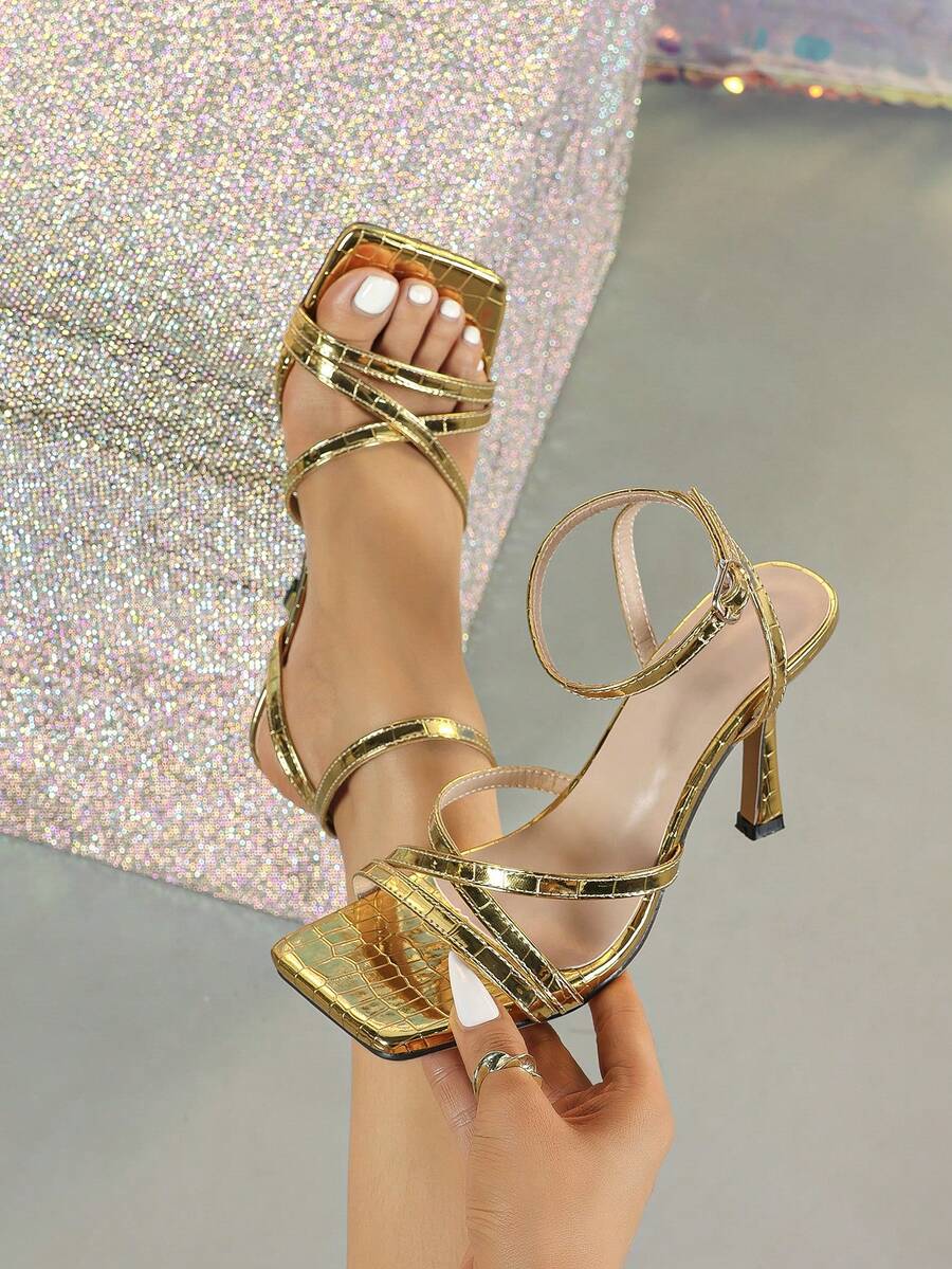 女士夏季高跟凉鞋，金色优雅女士夏季鞋，性感时尚金色高跟方头凉鞋，精致高跟新娘婚礼新娘低跟小猫跟凉鞋，女士扣环交叉带多带凉鞋，户外穿着纯色假日酒杯鞋跟纯色高端女鞋，新款夏季高跟拖鞋，户外穿着纯金色正式凉鞋，高端女士高跟鞋，时尚踝带女士高跟凉鞋（随机石纹理图案不对称）