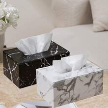 1pc Marble Pattern Leather Tissue Box Cover, Durable & Fashionable For Home And Hotel Use, Suitable For Bedroom, Living Room And Car Decor, Marble Texture Box, Stylish Design, Tissue Box Decor, Modern Kitchen And Dining Room Decor, Rectangular Marble Textured Tissue Box Holder