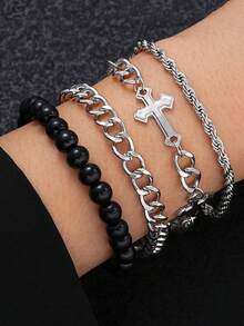 HOTNICE 4pcs Set Punk Chic Cross Beaded Bracelet For Men, Accessory For Dating, Vacation, Daily Outfit, Unisex - Gold - View 4