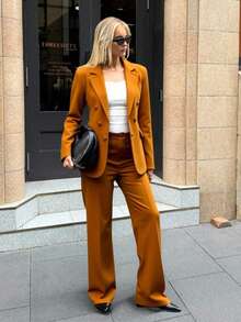 Zalla Blazer And Palazzo Pants Set With Lining And Decorative Button - Camel - View 4