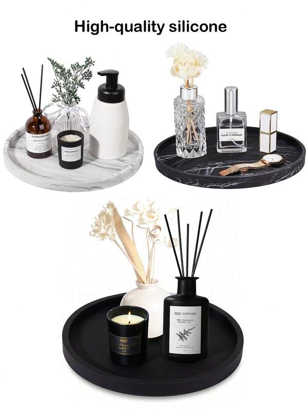3 Sizes Silicone Bathroom Tray Round Dressing Table Tray Kitchen Countertop Storage Rack Decorative Soap Holder Coffee Table Decorative Tray For Perfume, Candles, Plants (Black)