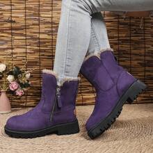 女士雪地靴，冬季新款，百搭靴子，厚底短靴，保暖内衬，保暖 - 紫色 - 查看 3