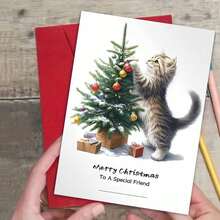 1 pieza Tarjeta de felicitación navideña australiana con sobre, 11cm X 16cm - Diseño encantador de gatos besándose con adornos festivos, ideal para amigos, familia y amantes de los gatos, tarjeta de celebración navideña conmovedora