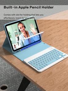 可拆卸无线蓝牙键盘保护套，兼容 iPad，内置 150mAh 电池和 Apple Pencil 收纳槽，兼容 iPad Air 第五代 (2022)、第四代 (2020)、第六代 (2024)、9.7 英寸、第七/八/九代、10.2 英寸、10 英寸，浅蓝色