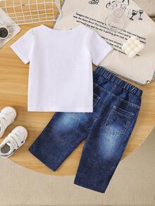2pcs Baby Boy/Girl Casual Letter & Graphic Print Short Sleeve T-Shirt And Denim Effect Print Pants Set, Comfortable & Lightweight For Summer - White - View 3