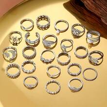 23件套奢华眼睛造型仿珍珠多元素戒指套装，饰以水钻，适合女性日常佩戴 - 銀色 - 查看 6