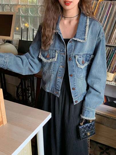 Vintage Casual Washed Frayed Denim Jacket Spring