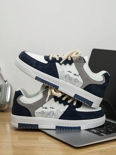 Men's Fashion Contrast Color Random Print Lace-Up Casual Sneakers, Personalized Patchwork Outdoor Sports Shoes, Couple Shoes