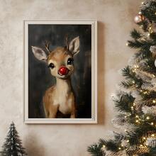1pc Christmas Rudolph Painting Reindeer Print, Whimsical Deer Christmas, Red Nose Christmas Wall Art, Atmospheric Vintage Rudolph Poster, Rustic Artwork, Canvas Wall Art, Posters For Room, Home Decor, Room Decor Aesthetic, Room Decoration Stuff. Optional Frame Christmas Decorations - Multicolor - View 6