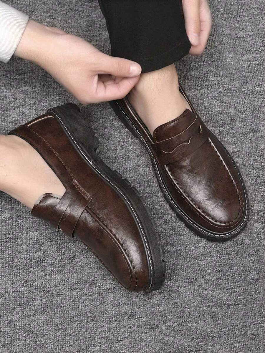 Men's Formal Shoes, New Slip-On Lace-Up Black Leather Shoes, Versatile For All Seasons, Vintage British Style Casual Business Dress Shoes, Comfortable Thick-Sole Leather Shoes For Young Men (Run Small By 1 Size) - Brown - View 1