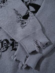 男女皆宜的哥特风复古字母嵌花图案宽松休闲圆领插肩长袖套头毛衣，秋冬季时尚之选 - 灰色 - 查看 7