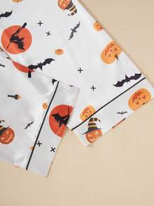 Halloween Pumpkin & Bat Print Pocket Front Button Long Sleeve Top & Pants Pajama Set For Women, Fall Winter Clothes - White - View 6