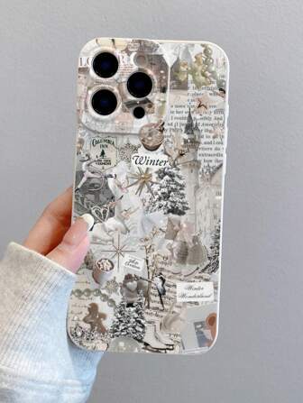 1 件圣诞节和冬季元素字母报纸咖啡糖果人白色拼布 TPU 保护手机壳，适合作为节日礼物兼容 Apple XS/XS Max/XR/11/12/13/14/15/16 Pro/Pro Max/14/15/16 Plus/17 等型号