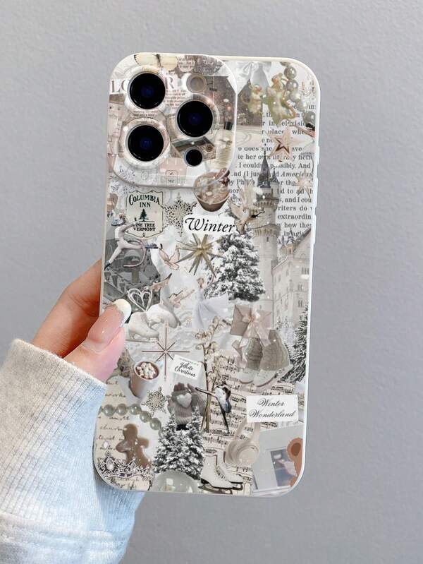 1 Stück Weihnachts- und Winterelemente Buchstaben Zeitungs-Kaffee-Bonbon-Mann Weiß Patchwork TPU Schutzhülle für Handy, geeignet als Urlaubsgeschenk kompatibel mit Apple XS/XS Max/XR/11/12/13/14/15/16 Pro/Pro Max/14/15/16 Plus/17 und andere Modelle