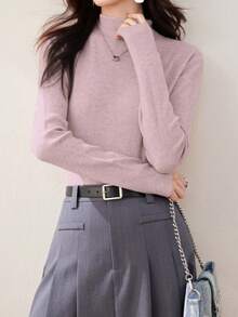 Women's Turtleneck Sweater, Loose Knit Top, Slouchy, Autumn/Winter - Baby Pink - View 3