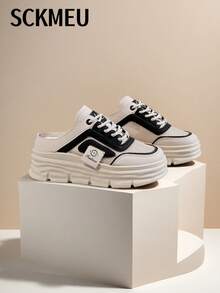 SCKMEU زوج من أحذية مول النسائية المسطحة ذات لوحة شبكية قابلة للارتداء من الخلف، تنفس، بمنصة، أنيقة ومتعددة الاستخدامات كأحذية كاجوال - الأسود - مشاهدة 2