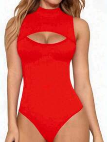 Women's Bodysuit With High Neck And Cutouts, Ideal For Summer Use - 紅色 - 查看 1