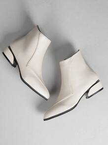 1 Pair Teens/Women's Beige Pointed Toe Ankle Boots, Chunky Heel, Side Zipper, Minimalist & Comfortable, Versatile Fashion Boots For Students & Party