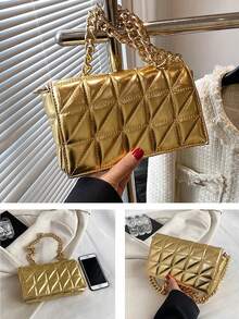 Metallic Quilted Chain Flap Square Bagmatching , Bag, Gifts, Outfit,Perfect For Dress,Wedding Dress,Formal Dresses For Women,Prom Dress, Dress,Birthday Dress,Mini Shell-Shaped Fashion Laser Metal Clutch, Y2K Vintage Metal Frame Chain Shoulder Crossbody Bag, Suitable For Women Formal Dinner, Going Out, Dating, Shopping, Elegant Shell Purse Perfect For Parties Weddings Dinners & Banquets Matches Wedding Dresses Formal Wear Prom Gowns Birthday Outfits,Backpacks, Handbags, Ladies' Handbags, Ladies' Wallets, Ladies' Handbags, Ladies' Work Bags, Ladies' Wallets And Bags, Travel Essentials, Christmas Gifts, Travel Accessories, Gifts For Women, Cosmetic Bags, Personalized Gifts, Elegant Ladies' Wallets, Christmas Wallets, Bridesmaid Gifts, Christmas Gifts For Women - 金色 - 查看 4